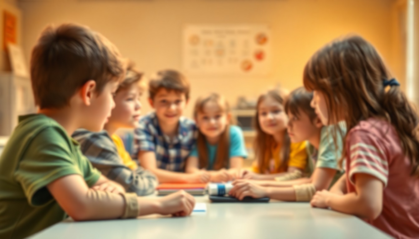 An abstract, out-of-focus photograph showing a group of middle school students gathered around a table, their expressions and body language conveying a sense of excitement and discovery as they participate in STEAM-related activities.