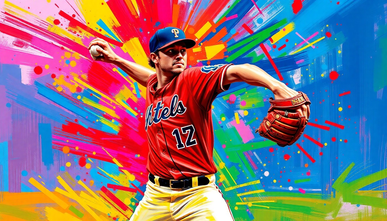 An abstract, expressionist painting in vibrant neon colors depicting the dynamic pitching motion of a baseball player, with the details of the player's face and uniform dissolving into a blur of energetic brushstrokes.