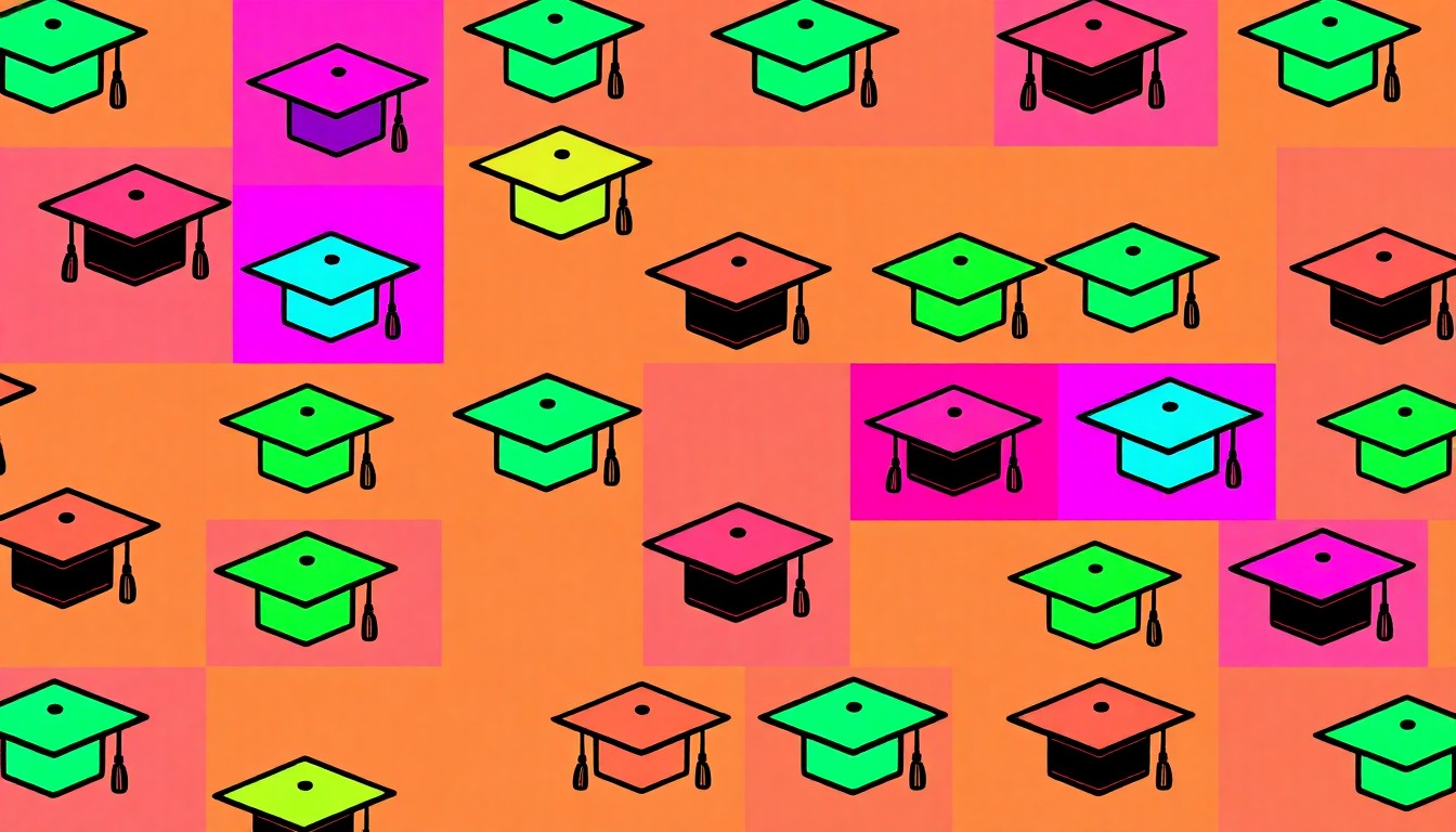 A bold, colorful silkscreen-style illustration featuring a repeated icon of a graduation cap in a grid pattern, capturing the celebratory spirit of academic achievement.