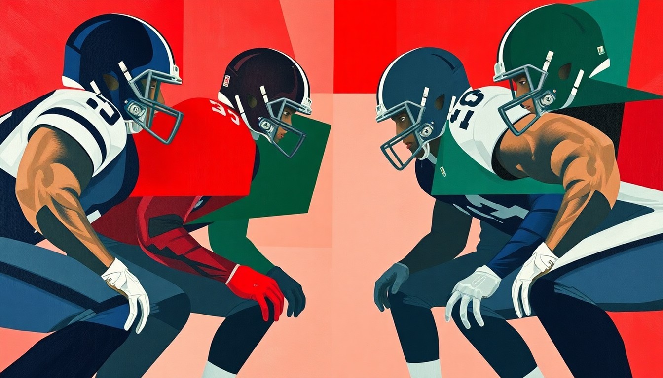 A fractured, multi-perspective painting depicting an NFL offensive line broken down into sharp, overlapping geometric planes of deep navy, forest green, and crimson red, capturing the abstract energy of the game.
