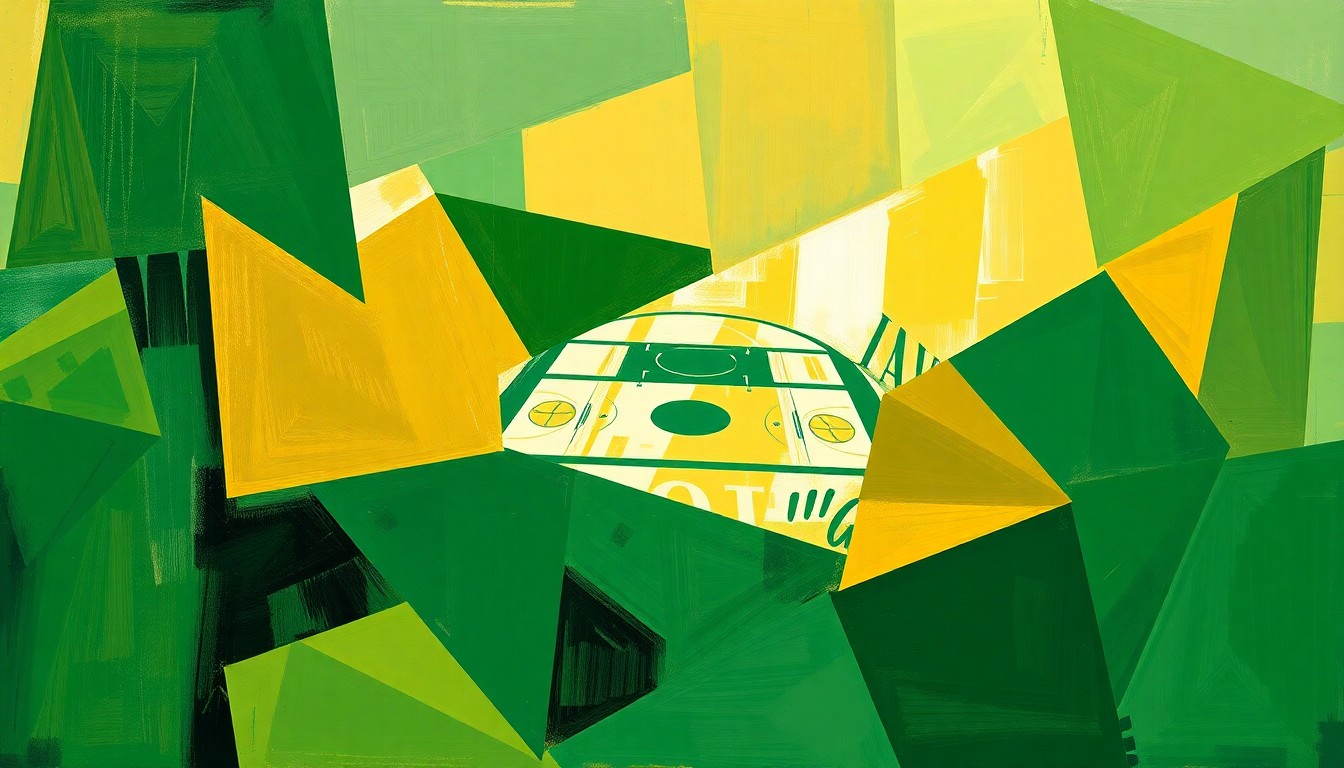 A vibrant, cubist-style painting depicting a Siena basketball game in fragmented, geometric shapes and planes of green and gold, the team's official colors.