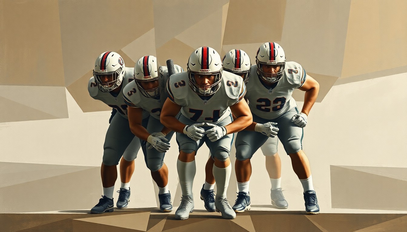 A cubist, geometric painting depicting the fragmented forms of football players on an offensive line, conveying the disruption caused by the unexpected retirement of a key player.