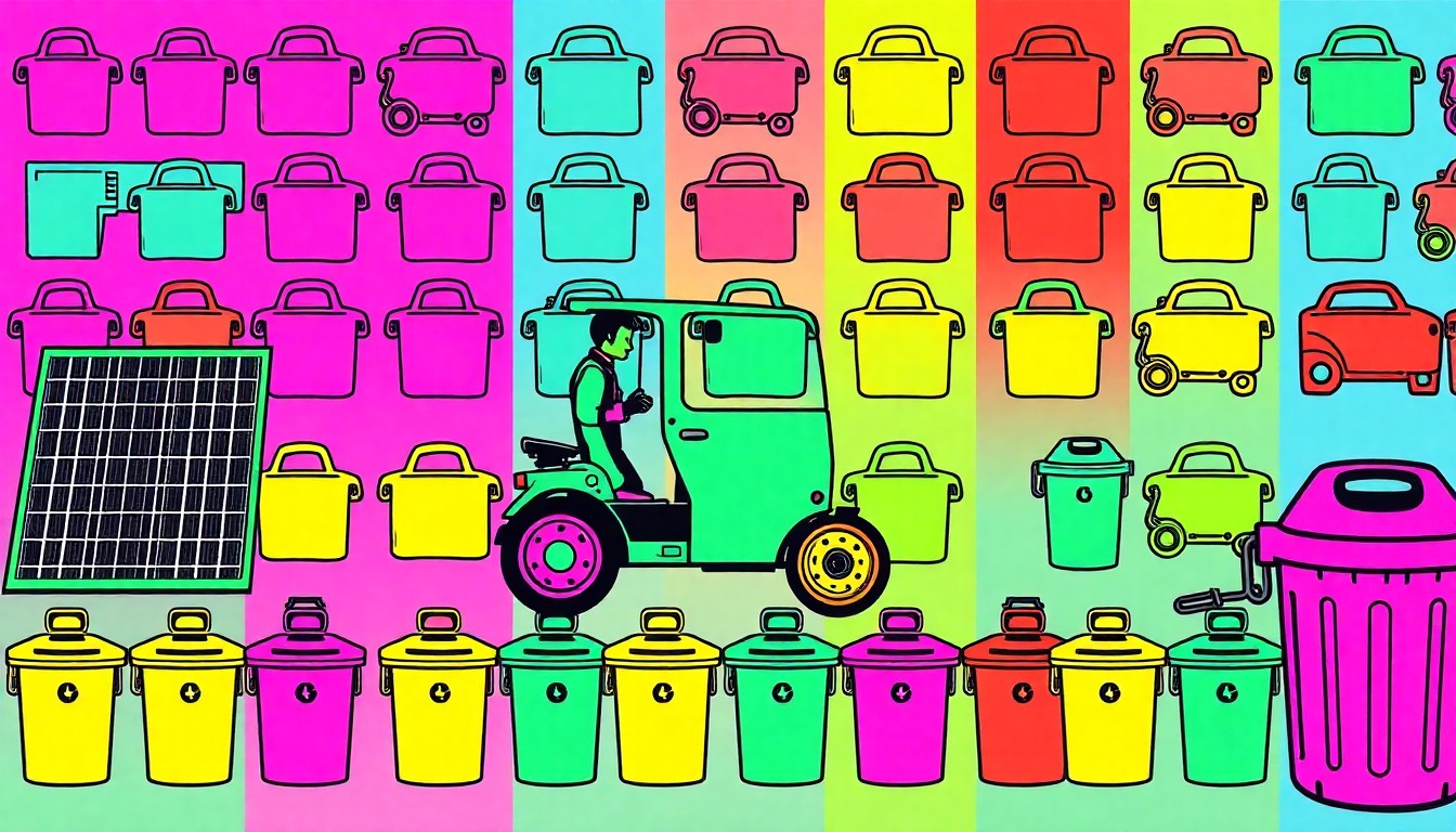 A brightly colored, high-contrast silkscreen print of a solar panel repeated in a tight grid pattern, using vibrant neon colors and heavy black outlines to create a modern pop art representation of renewable energy.