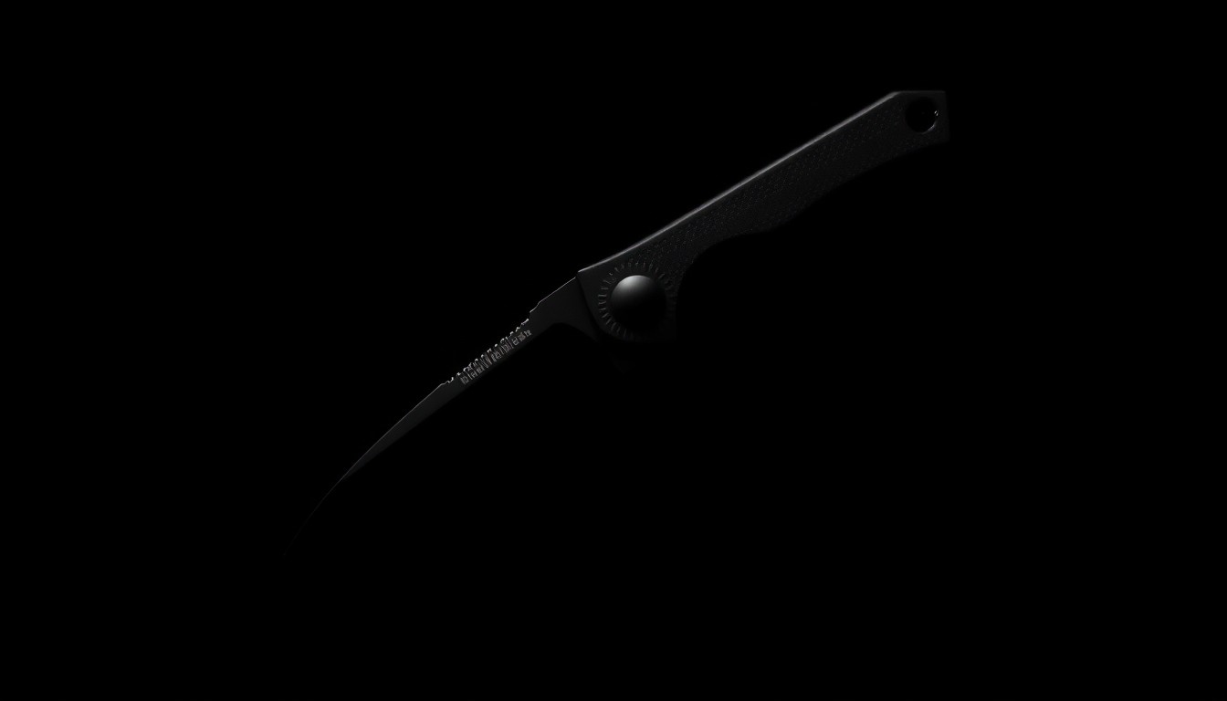 An extreme close-up photograph of a folding knife against a pitch-black background, lit by a harsh, direct camera flash, conceptually illustrating the weapon used in a violent crime.