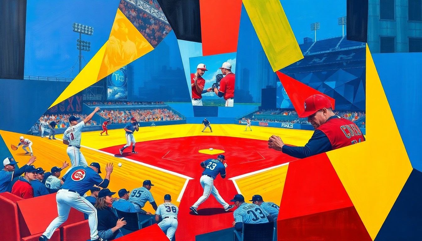 A fragmented, multi-angled painting depicting a baseball game between the Chicago Cubs and Tampa Bay Rays, with the players and action broken down into sharp, overlapping geometric shapes and planes in a bold color palette of navy, red, and yellow.