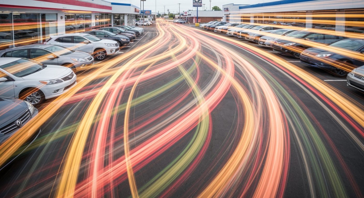 An abstract, impressionistic image of a used car dealership lot, with blurred, sweeping lines of color representing the movement and energy of the vehicles and the uncertainty facing the industry.