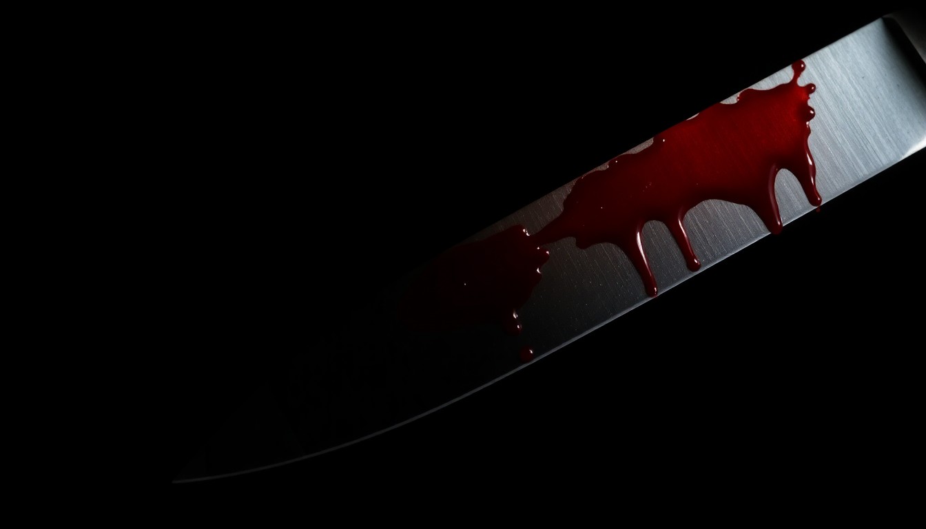 An extreme close-up photograph of a bloodied knife blade against a pitch-black background, creating a stark, gritty, investigative aesthetic.