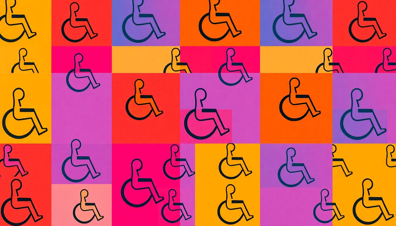 A vibrant, pop art-inspired illustration featuring a repeated wheelchair icon in a grid pattern, using bold, neon colors and high-contrast outlines to conceptually represent the inclusive fashion show's celebration of disability and accessibility.