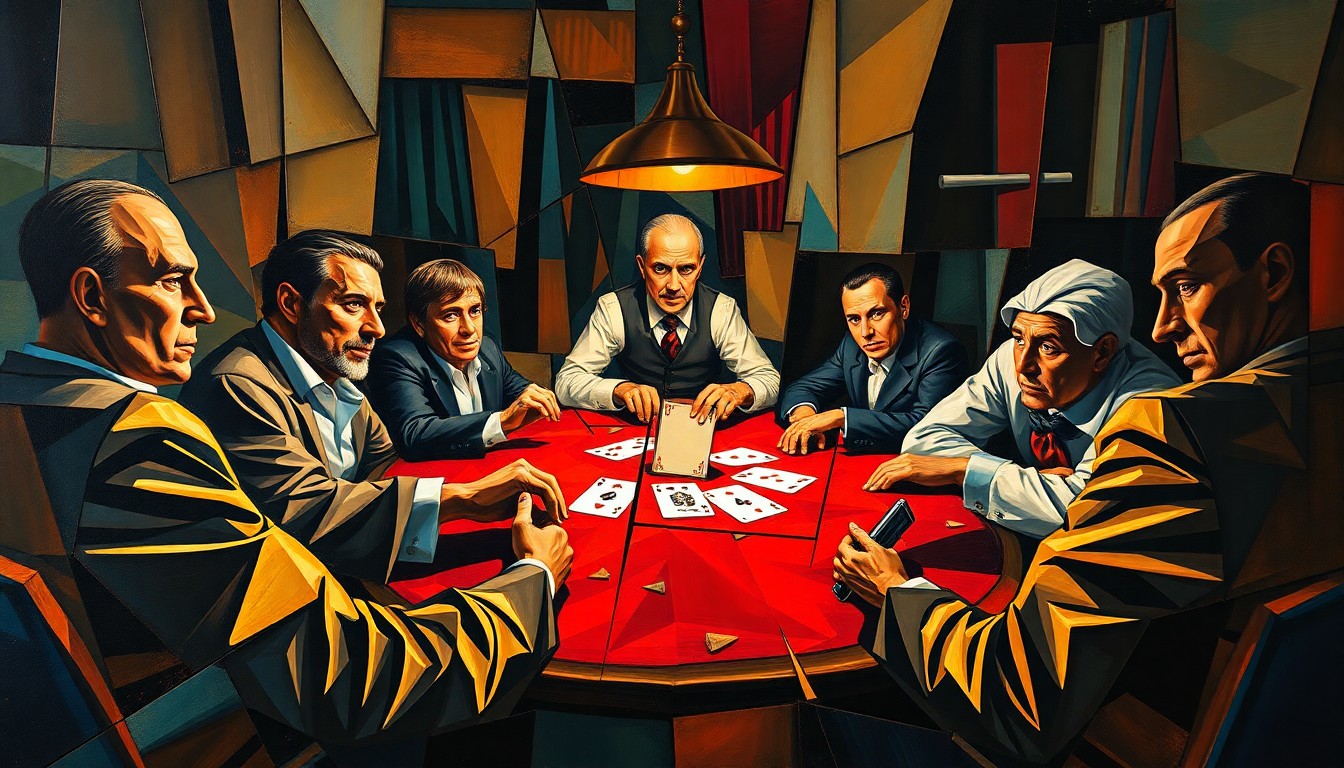 A fragmented, geometric painting depicting a high-stakes poker game, with the players and table broken down into sharp, overlapping shapes and planes, conveying the competitive and contentious nature of the sport.