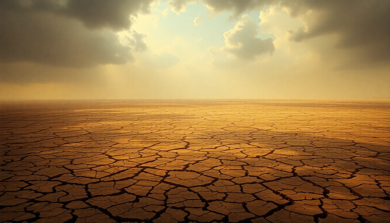 A sweeping, atmospheric landscape painting depicting a vast, arid expanse of cracked earth under a hazy, oppressive sky, conveying the overwhelming scale and impact of the drought conditions in Colorado.