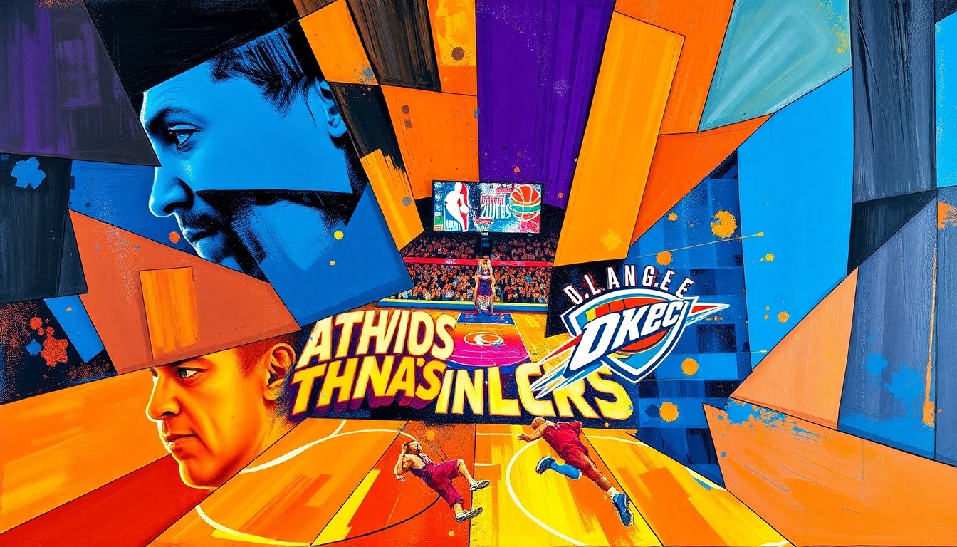 A fragmented, geometric painting depicting the action of a basketball game, with players and the court broken down into sharp, overlapping shapes and planes of vibrant colors.