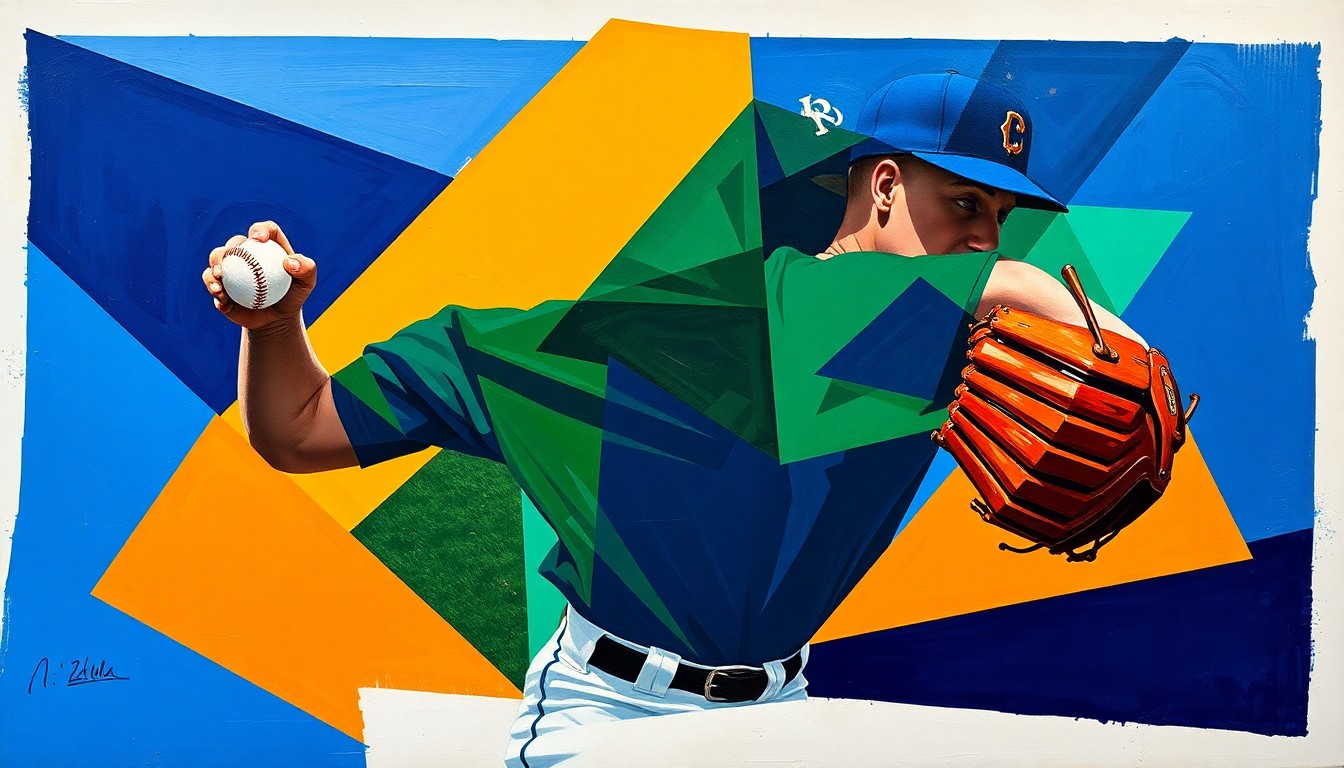 A fragmented, cubist-style painting depicting a baseball pitcher's delivery broken down into sharp, overlapping geometric shapes in a bold color palette, conveying the dynamic energy and potential of the young Rangers hurler.