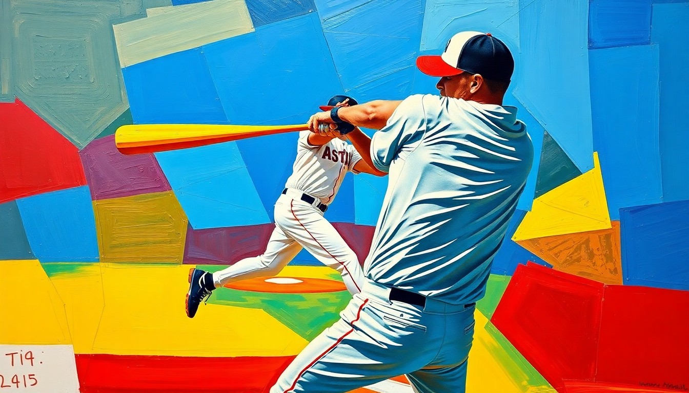 A fractured, geometric painting depicting the motion of a baseball player, with sharp planes of vibrant colors like blue, red, and yellow, conceptually representing the Phillies' roster moves.