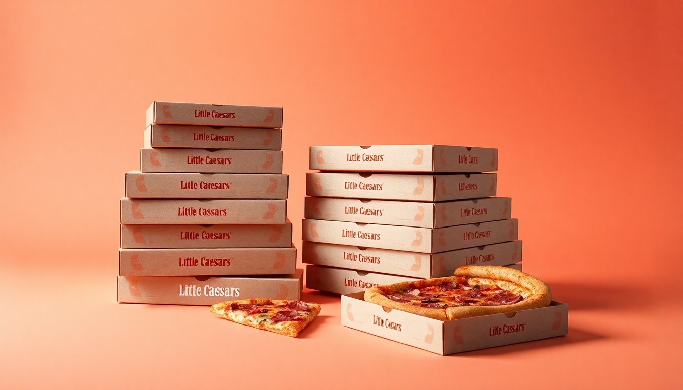 A high-end, photorealistic studio still-life photograph featuring a stack of fresh pizza boxes in various sizes, along with a few pizza slices arranged elegantly on a clean, monochromatic background, conceptually representing the quality and appeal of the new Little Caesars restaurant.