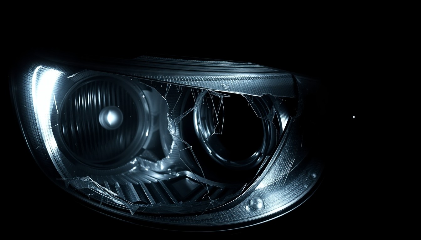 An extreme close-up photograph of a broken car part, such as a shattered headlight or crumpled fender, lit by a harsh, direct camera flash against a pitch-black background, conceptually illustrating the aftermath of a serious vehicle collision.