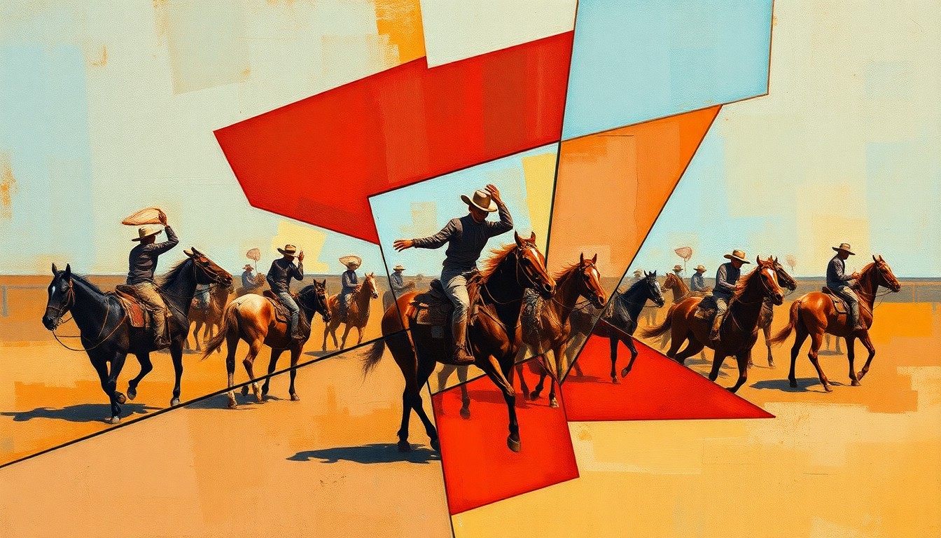 A cubist-style painting depicting a rodeo scene broken down into overlapping geometric shapes and planes, using a vibrant color palette of reds, oranges, and blues to capture the energy and movement of the event.