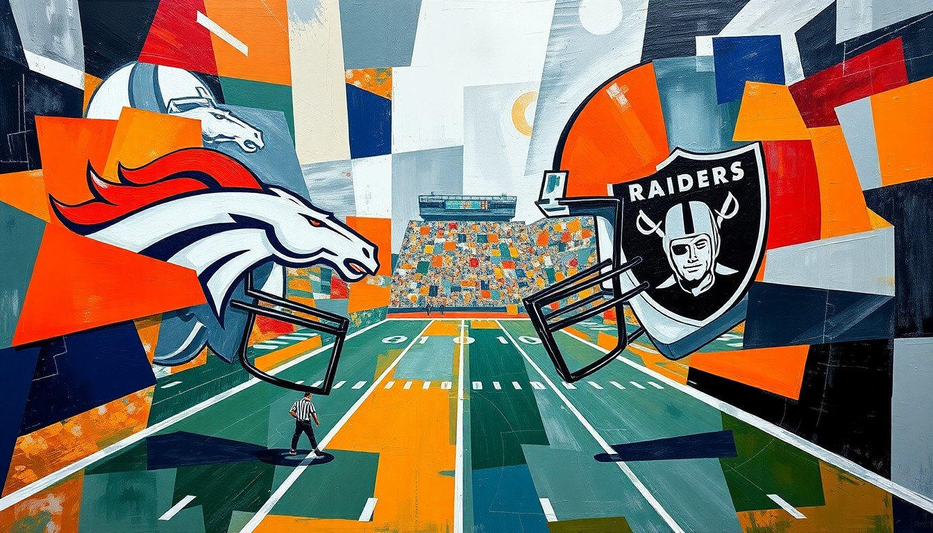 A fractured, geometric painting in shades of orange, navy blue, silver, and black, depicting a football game in an abstract, multi-perspective style.