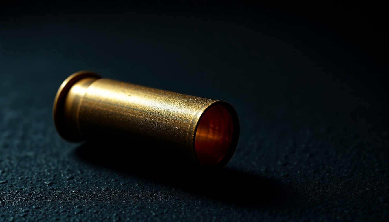 An extreme close-up of a spent shell casing on a dark, textured surface, creating a stark, investigative aesthetic through the use of harsh, direct lighting.