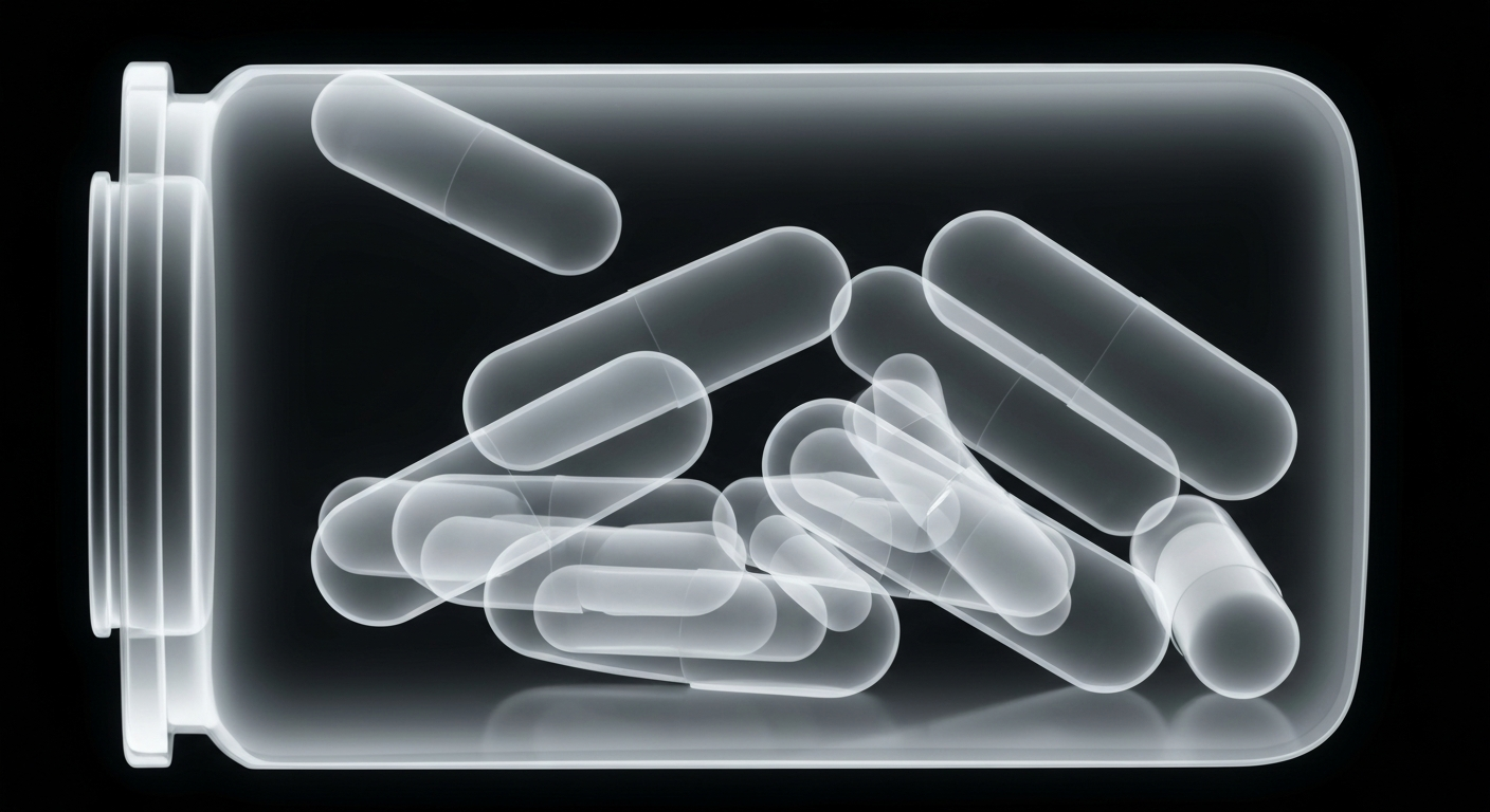 A ghostly, translucent X-ray image showing the internal structures of a pill bottle and prescription capsules, conveying the complex and potentially dangerous interactions between opioids and gabapentinoids.