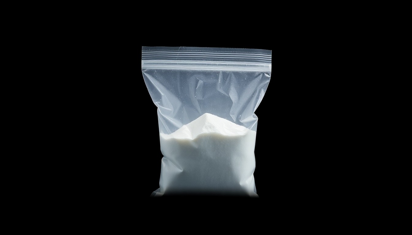 An extreme close-up of a small plastic bag containing a white powdery substance, dramatically lit by a harsh camera flash against a pitch-black background, conceptually representing the deadly drugs that led to a celebrity's overdose.