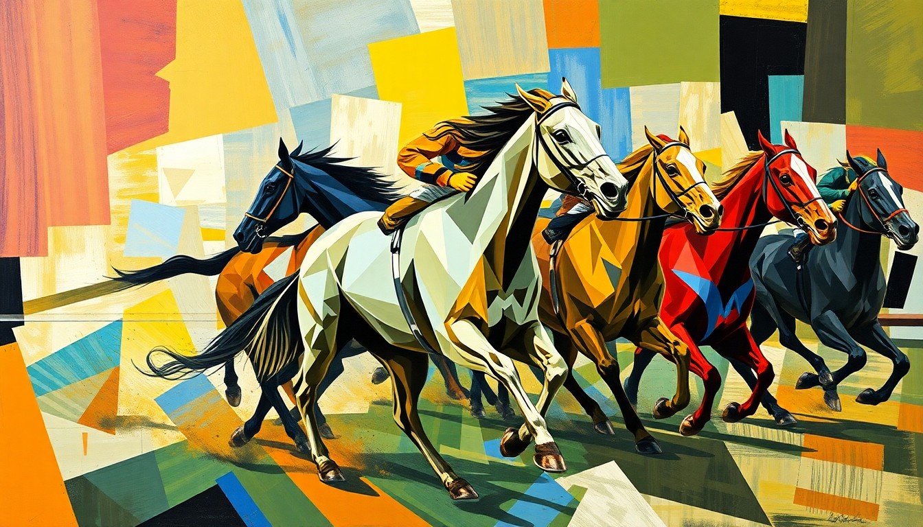 A cubist-style painting depicting the dynamic movement and energy of a horse race, with sharp geometric shapes and planes of color overlapping to create a sense of motion and excitement.