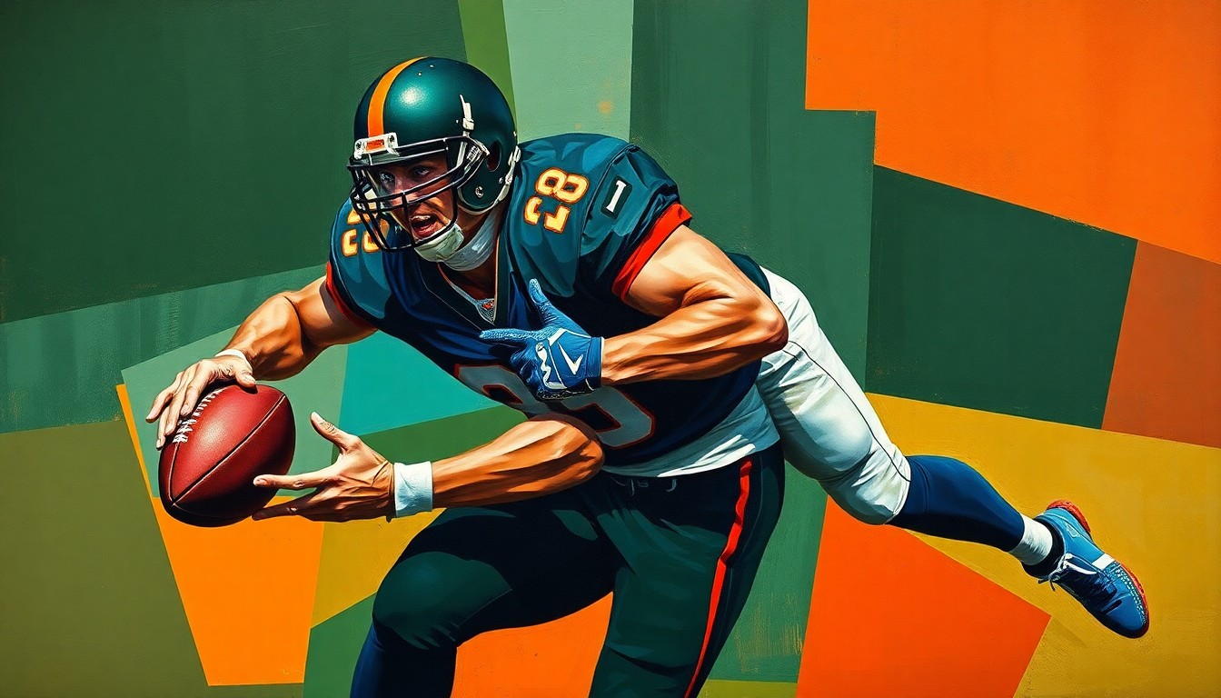 A fragmented, cubist-style painting depicting a football player in mid-tackle, with sharp geometric shapes and planes in shades of green, blue, and orange conveying the raw energy and motion of the sport.