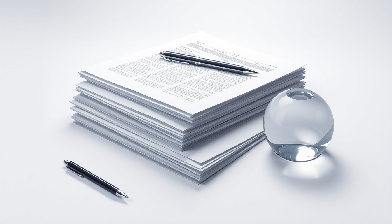 A high-end, photorealistic studio still-life featuring a stack of business documents, a pen, and a glass paperweight on a clean, monochromatic background, conceptually representing the abstract ideas of corporate strategy, finance, and risk management.