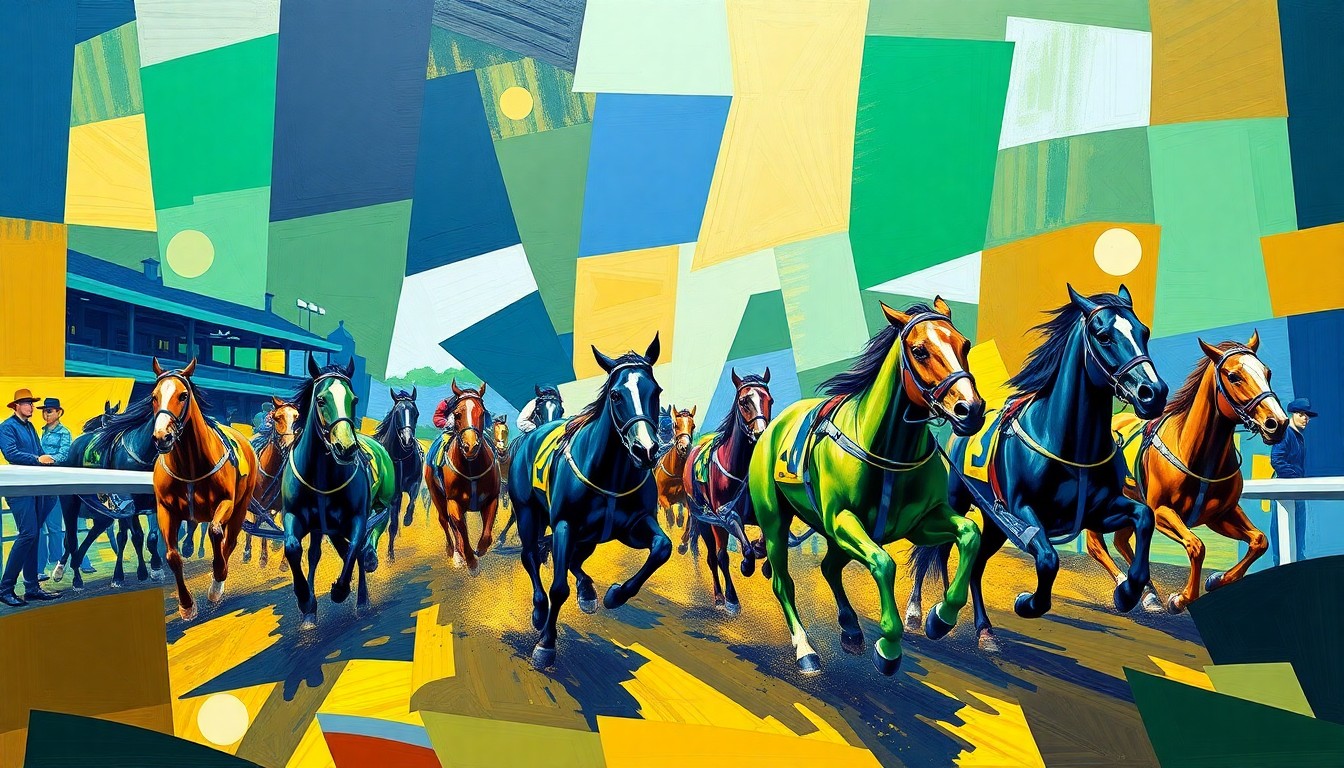 A cubist, geometric painting depicting a fragmented harness racing scene, with overlapping planes of navy blue, kelly green, and gold colors representing the official colors of the Delaware Standardbred Breeders' Fund program.
