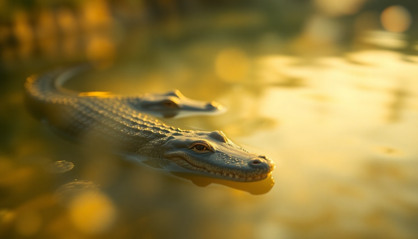 An abstract, impressionistic photograph of a blurred, golden-hued alligator habitat, conveying a sense of peaceful tranquility and the natural beauty of these remarkable reptiles.