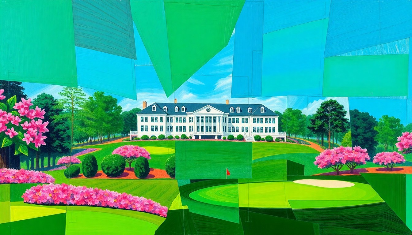 A cubist, geometric painting depicting the iconic Augusta National clubhouse and golf course, with vibrant colors and overlapping planes creating a dynamic, energetic composition.