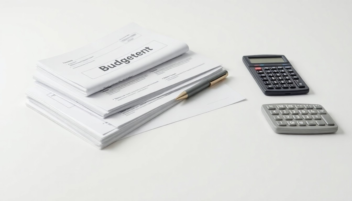 A photorealistic studio still life featuring a stack of financial documents, a pen, and a calculator arranged elegantly on a clean white background, conceptually representing the tools and resources provided by the EDGE financial coaching program.