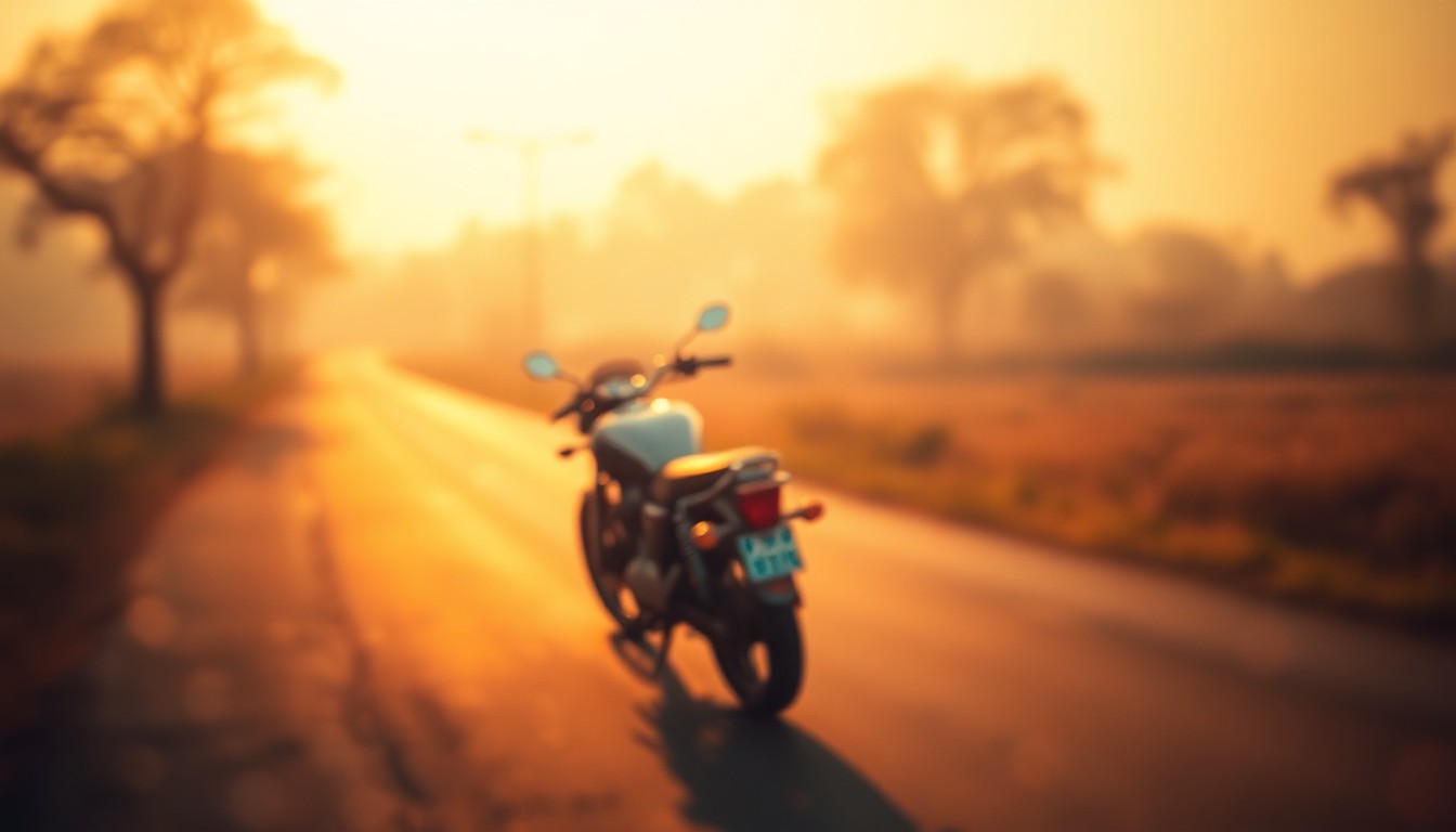 An extremely blurred, impressionistic photograph of a lone motorcycle parked on a rural road, with soft, warm pools of golden light and color creating a dreamlike, atmospheric scene.