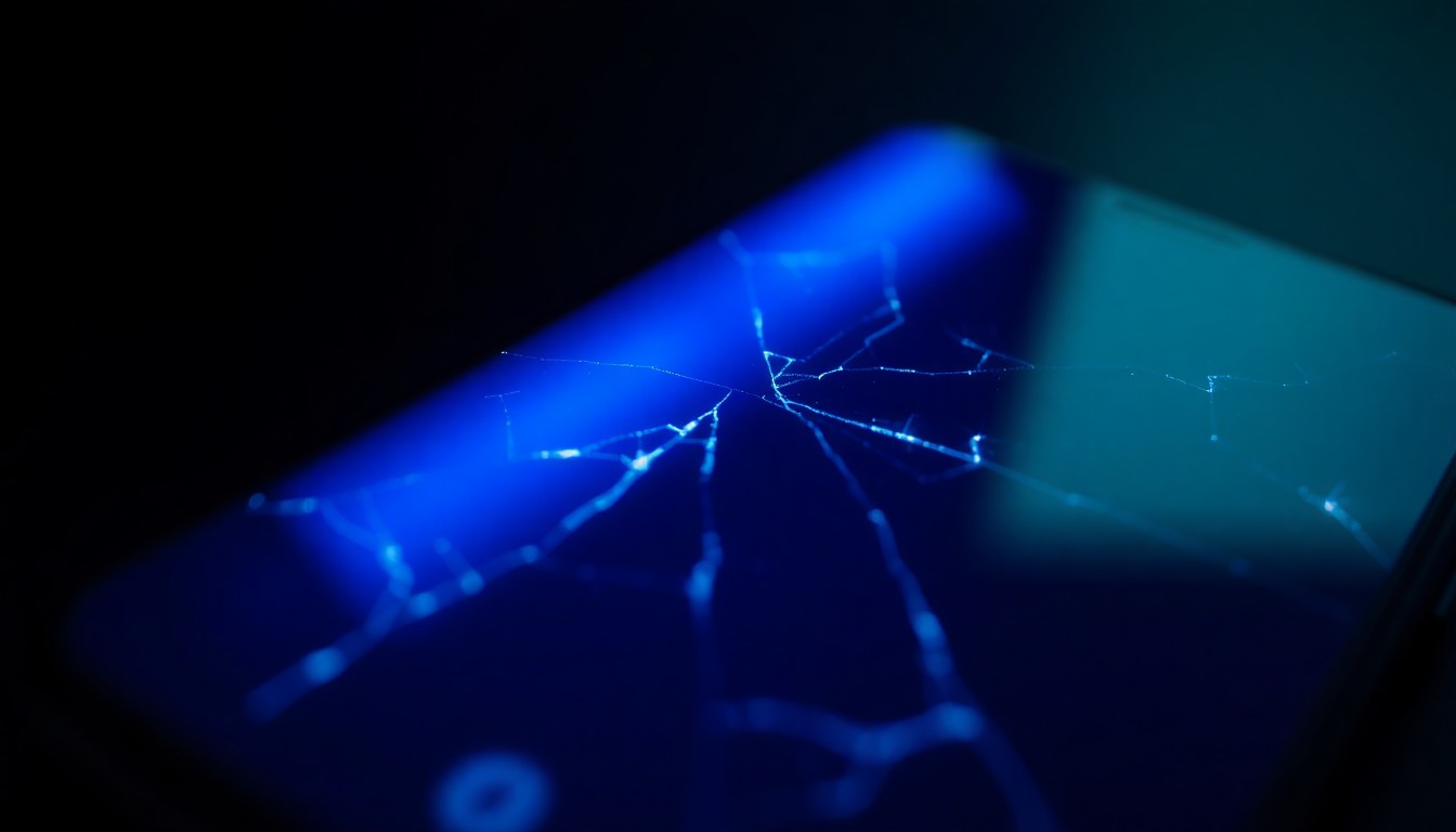 An extreme close-up photograph of a cracked smartphone screen reflecting a faint blue light, conceptually representing the digital evidence uncovered in a child exploitation investigation.