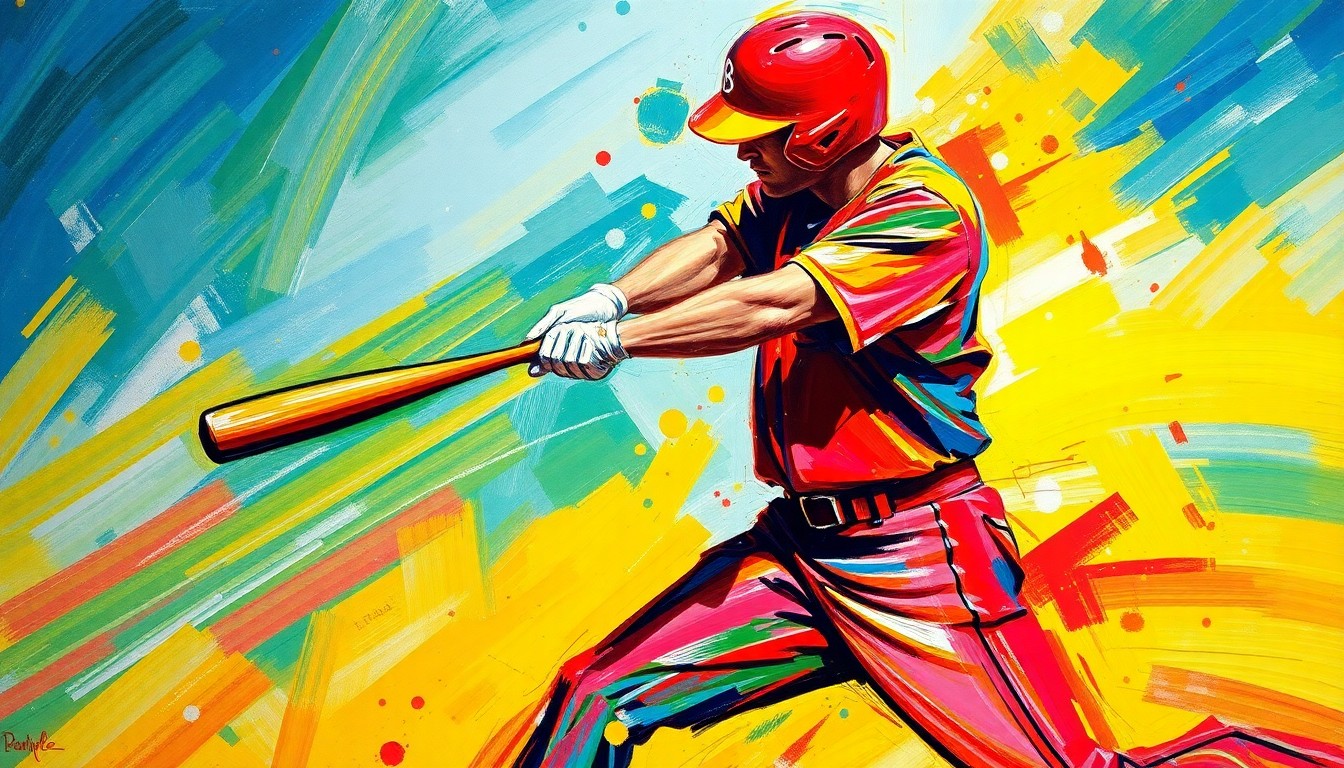 An abstract, energetic painting with vibrant neon-colored brushstrokes, conceptually representing the explosive athleticism and dynamic motion of a baseball player swinging the bat.