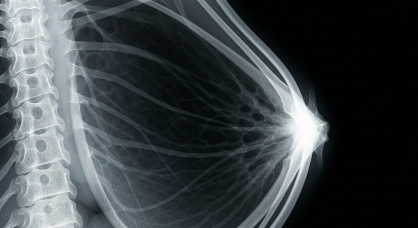 An extreme close-up X-ray photograph revealing the intricate internal structure of a mother's breast, conceptually illustrating the nuanced approach to breastfeeding recommendations for those with HIV.