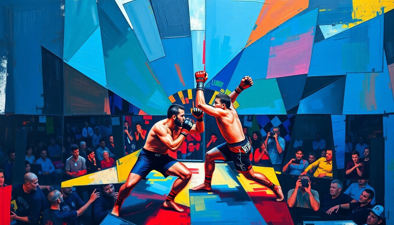 A cubist, multi-angled painting in bold colors depicting the dynamic movements and clashing energies of two UFC fighters engaged in combat, conveying the high-stakes drama of their upcoming matchup.