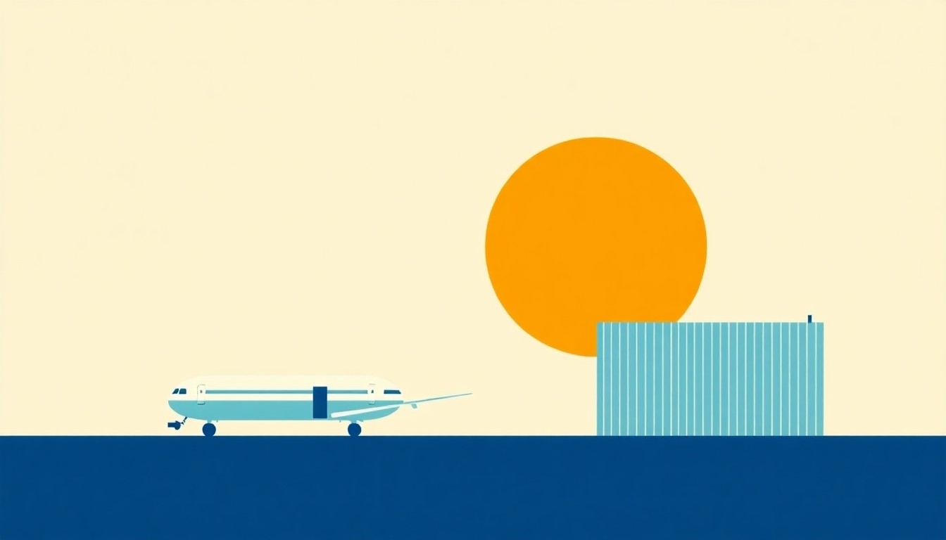 An abstract composition of overlapping triangles and circles in shades of blue, red, and yellow, conceptually representing the competing factors of fuel supply, tax incentives, and consumer costs at play in California's sustainable aviation fuel program.