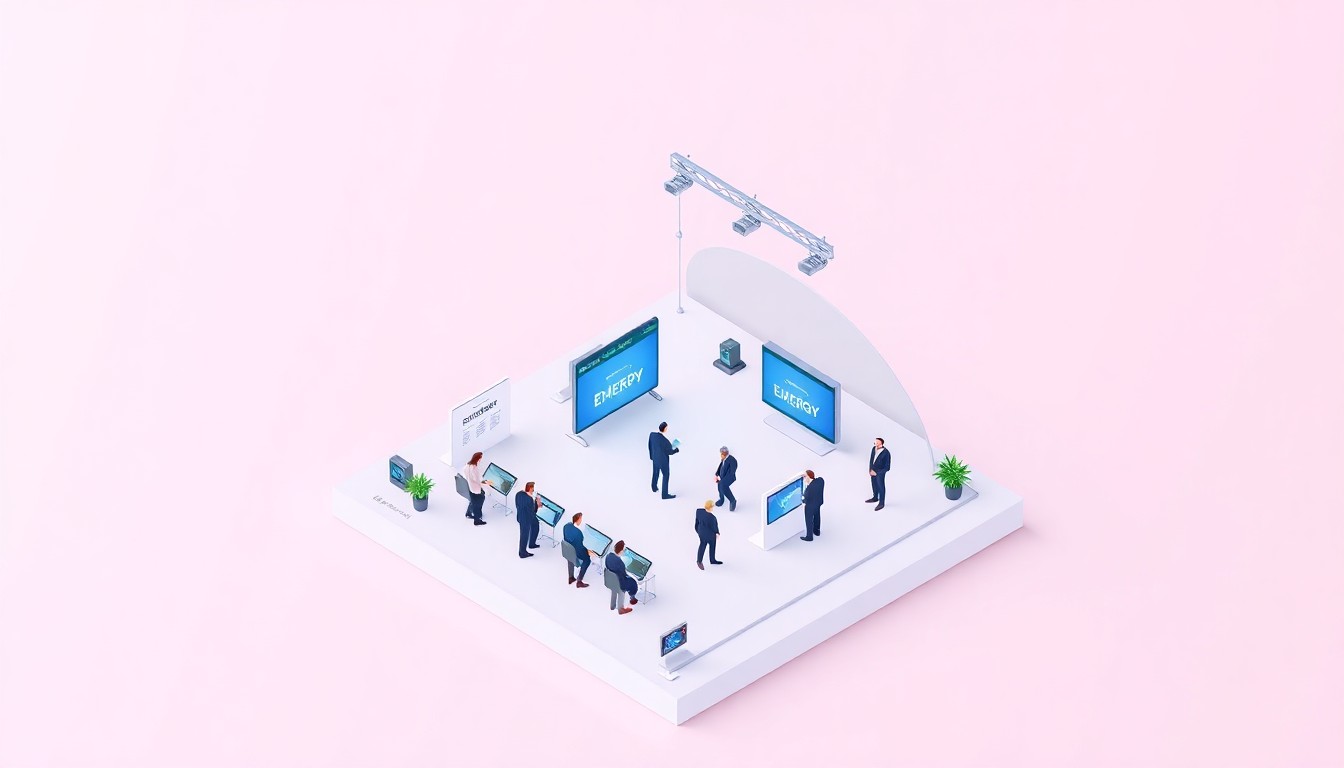 A stylized, isometric 3D illustration depicting a miniature conference hall with attendees, technology displays, and branding elements, representing the Eltropy EMERGE 2026 event in a clean, modern, and editorial way.