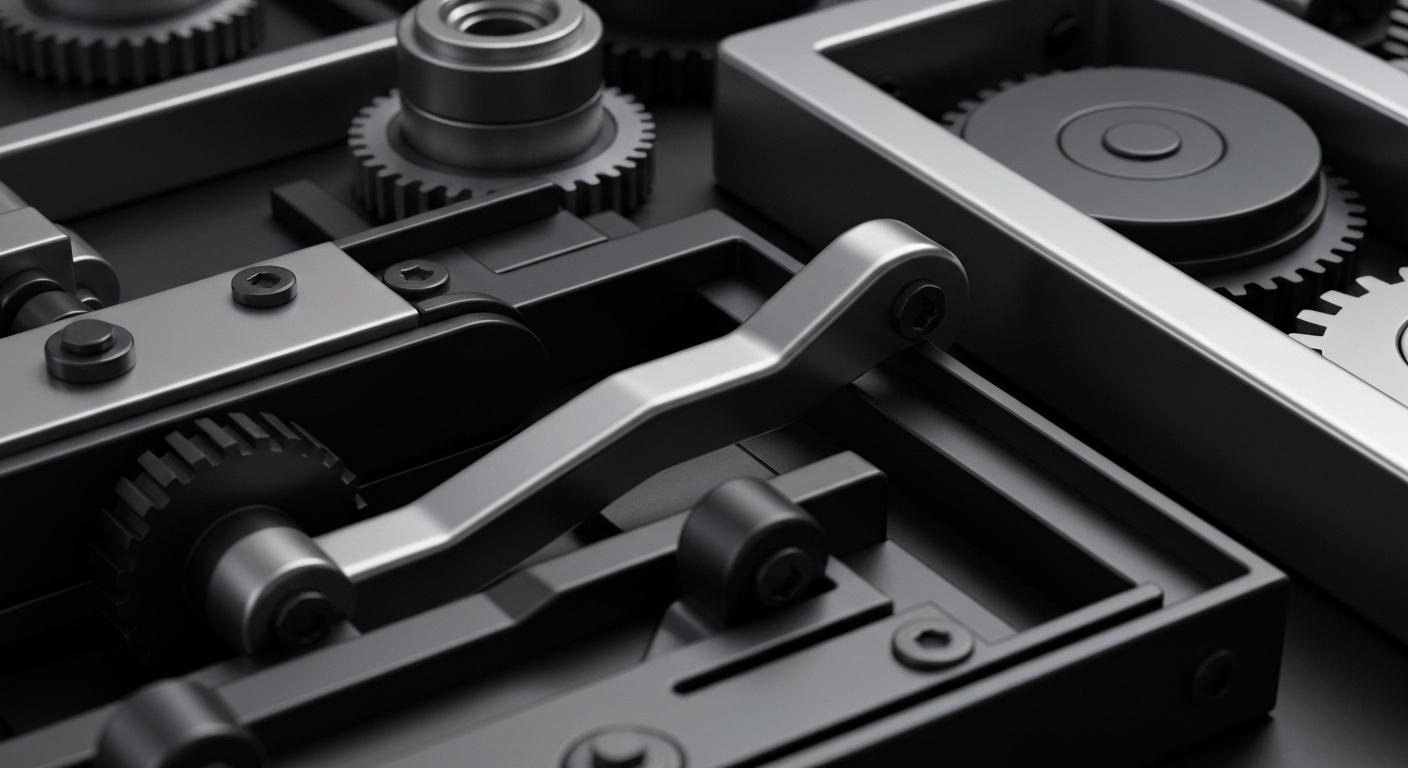 An extreme close-up of intricate, industrial-looking banking machinery and equipment, conveying a sense of stability and security in the financial sector.