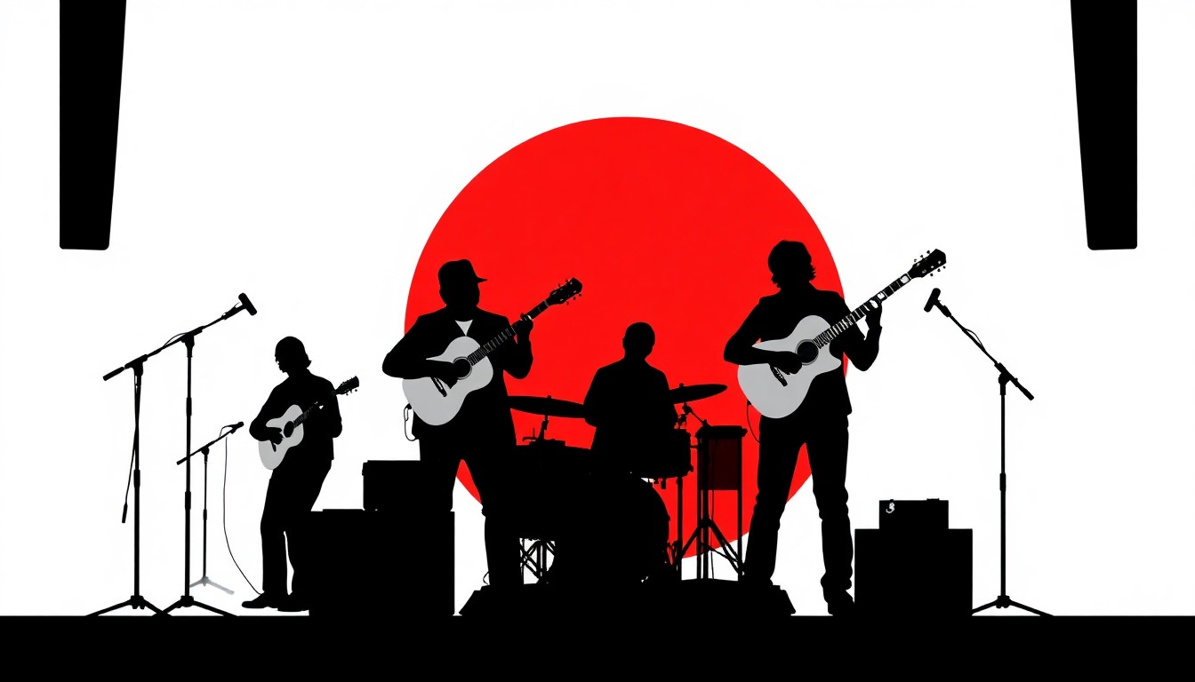 An abstract, minimalist illustration featuring black silhouettes of musicians on a stage, with bold splashes of red and white, conceptually representing a bluegrass performance.