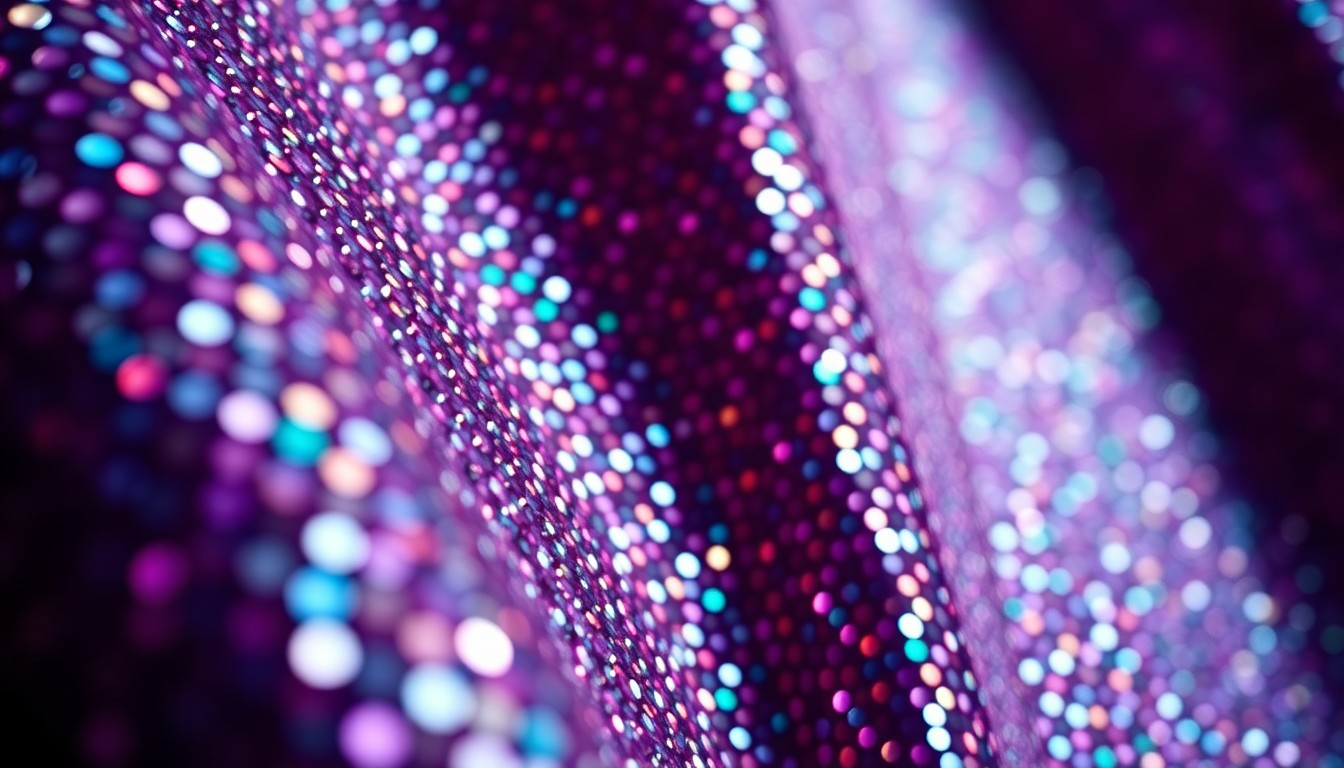 An abstract close-up photograph of a shimmering, sequined fabric in deep blue, purple, and gold tones, capturing the luxurious, high-fashion aesthetic of a music artist's album release.