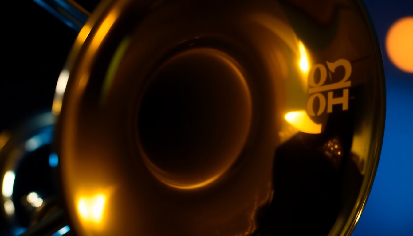 An extreme close-up of a golden trumpet bell, its surface reflecting dramatic studio lighting to create a glamorous, high-contrast texture that conceptually represents the prestige of the Omega Psi Phi Talent Hunt competition.