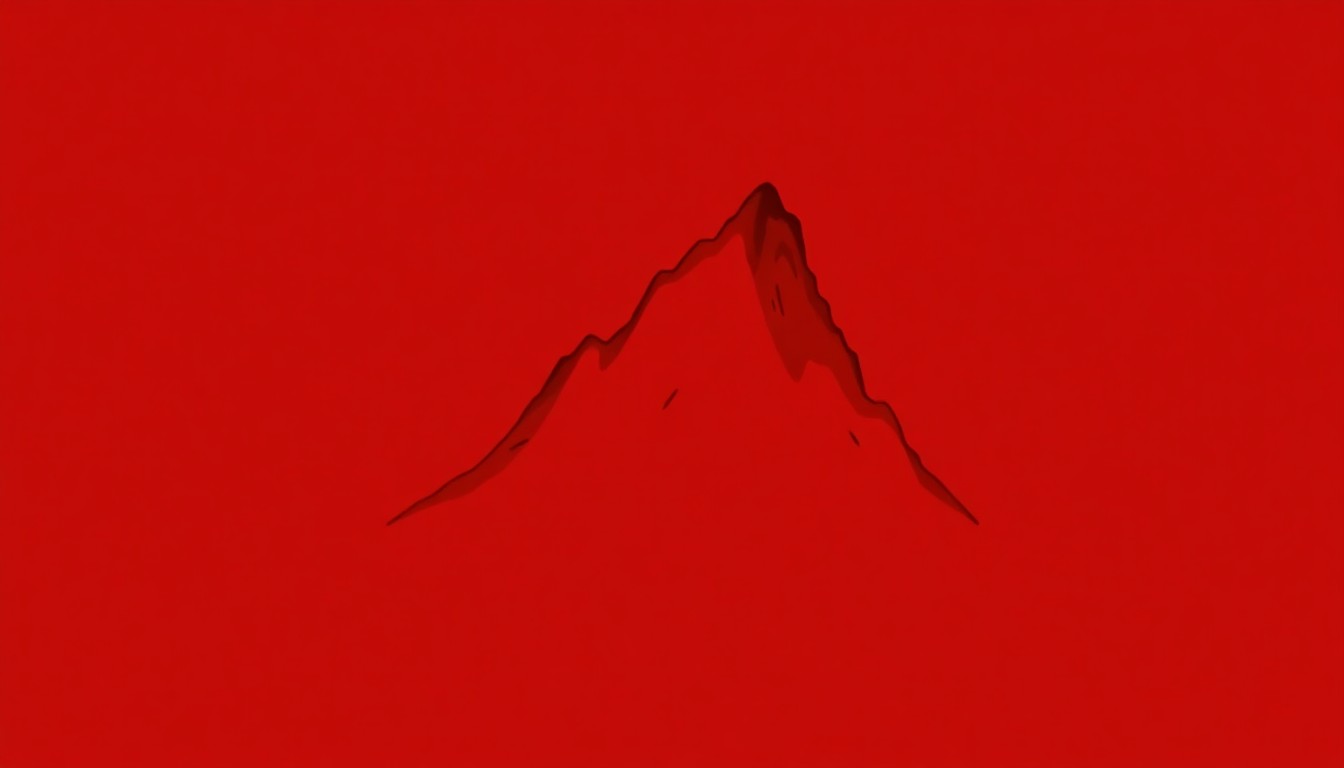 A bold, graphic black silhouette of an abstract, angular mountain shape against a bright red background, conceptually representing the challenging, visceral listening experience of Rhododendron's new album.