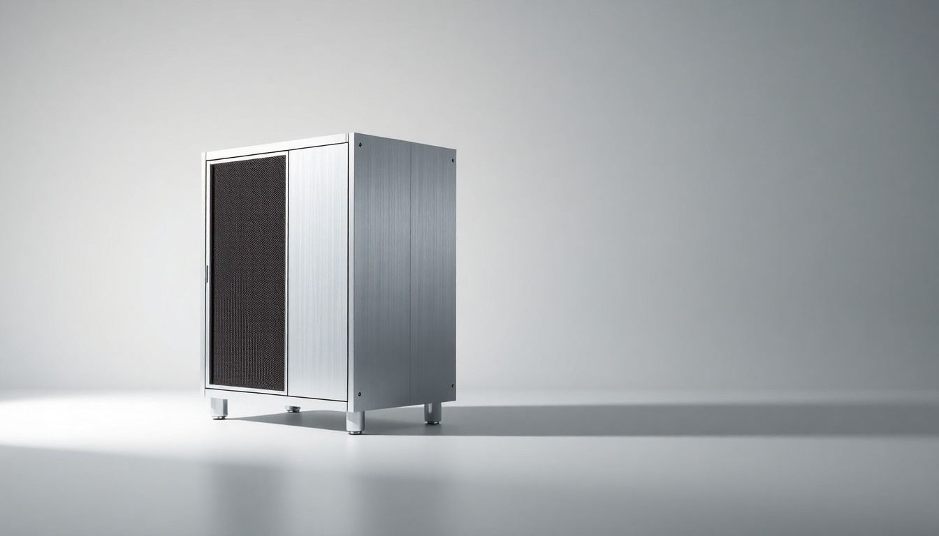 A photorealistic studio still-life photograph featuring a polished, geometric data center server rack made of brushed aluminum and chrome, floating on a clean, monochromatic background and illuminated by dramatic studio lighting to represent the abstract concepts of computing power, efficiency, and infrastructure.