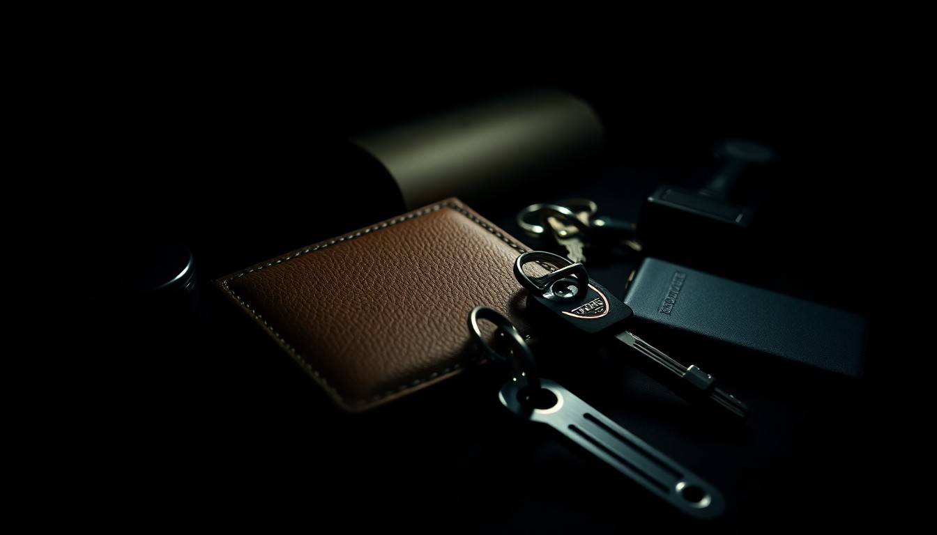 An extreme close-up photograph of a wallet, keys, and other personal items on a dark background, lit by a harsh, direct camera flash, conceptually representing the theft of a college student's belongings by a Lyft driver.