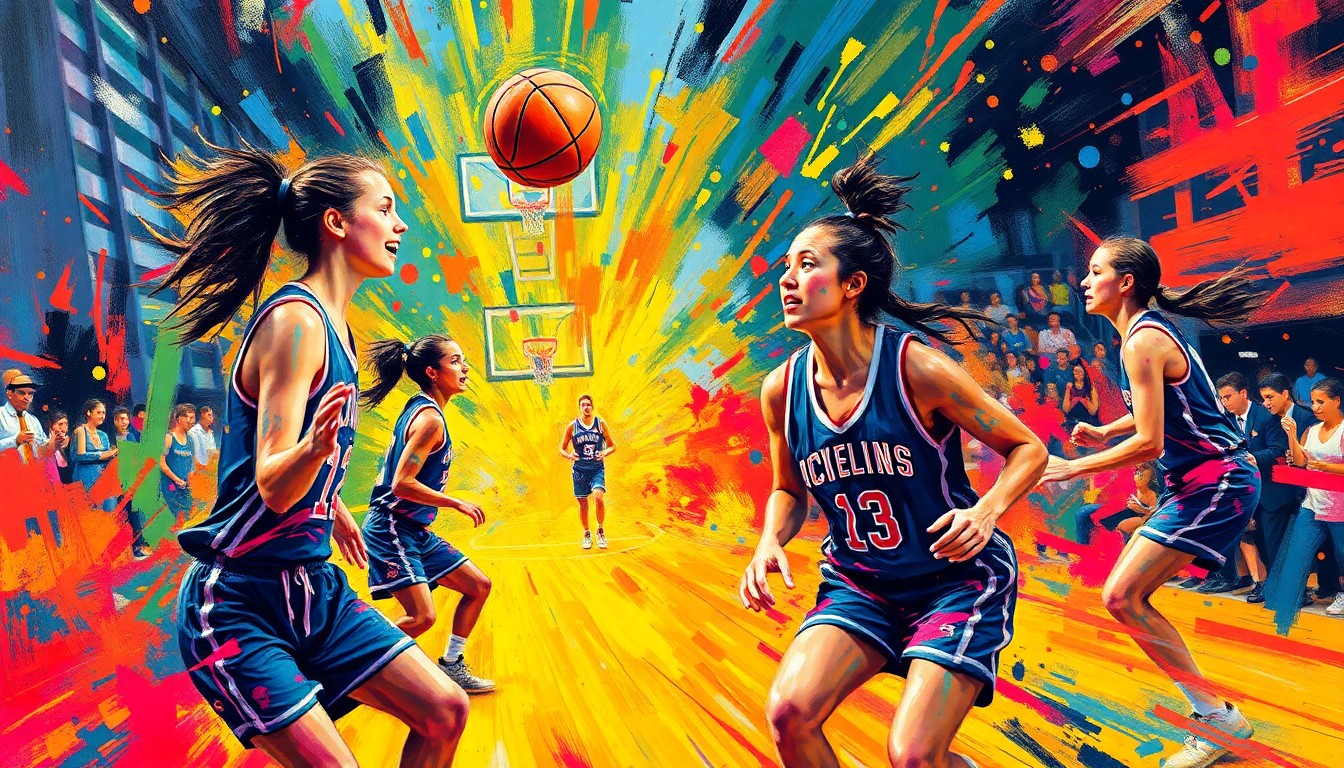 An abstract, energetic painting with vibrant brushstrokes in neon colors, capturing the dynamic movement and raw emotion of a girls' basketball game.