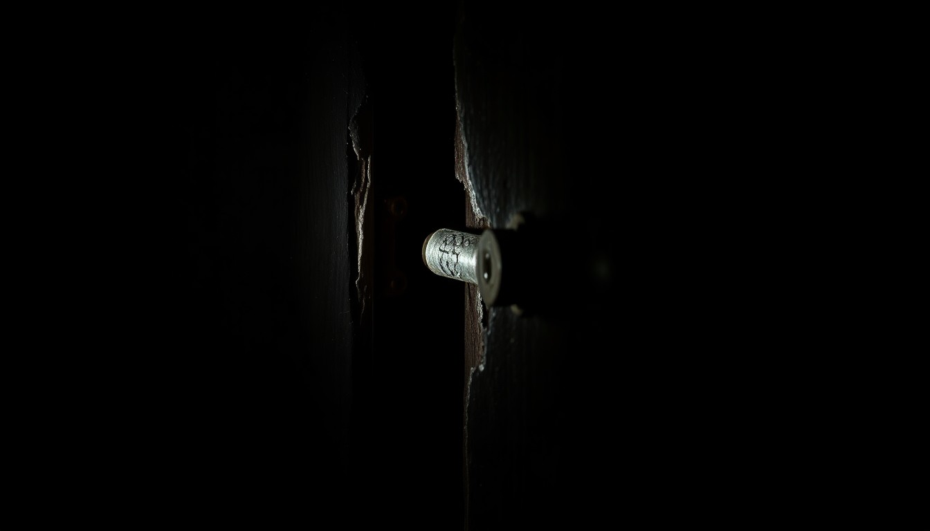 An extreme close-up photograph of a damaged door frame, lit by a harsh, direct camera flash against a pitch-black background, conveying the gritty aftermath of a violent home invasion.