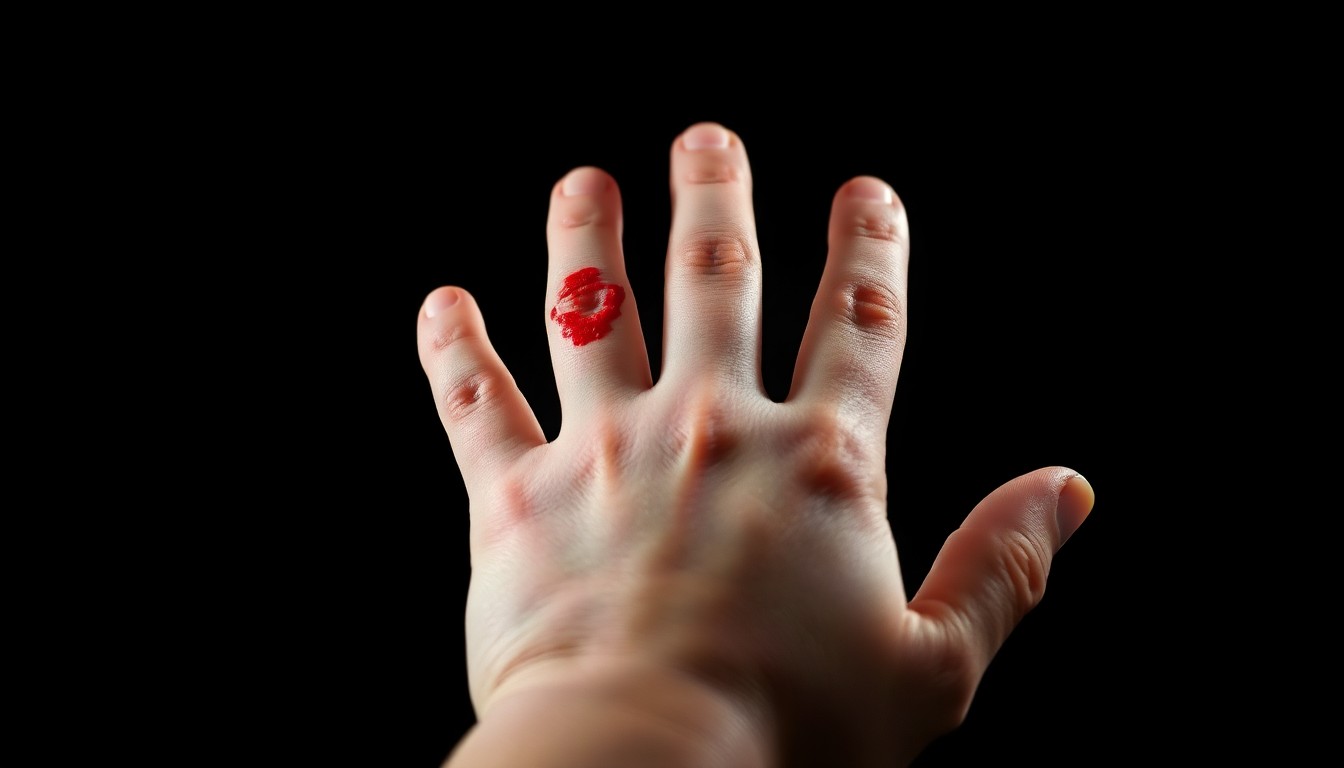 An extreme close-up photograph of a child's hand with a red mark on the skin, conveying the harsh reality of the alleged assaults at Elgin Elementary School.