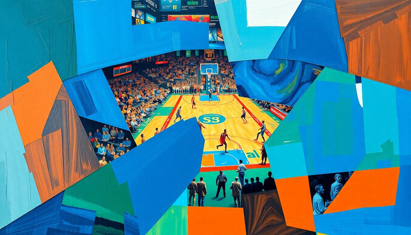 A fragmented, cubist-style painting depicting a college basketball game, with players and the court broken down into sharp, overlapping geometric shapes in a vibrant color palette of blues, oranges, and greens, conveying the dynamic energy of the sport.