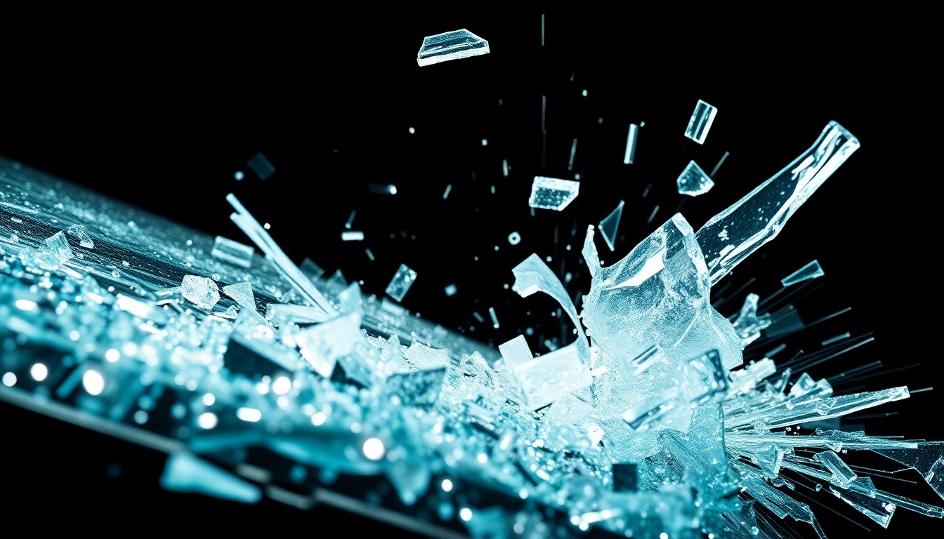 An extreme close-up photograph of shattered glass and twisted metal in dramatic high-contrast studio lighting, conveying the visceral aftermath of a high-speed collision through an abstract, glamorous aesthetic.